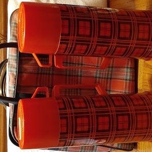 1970's Aladdin Brand Thermos set with matching red and black plaid carry bag.